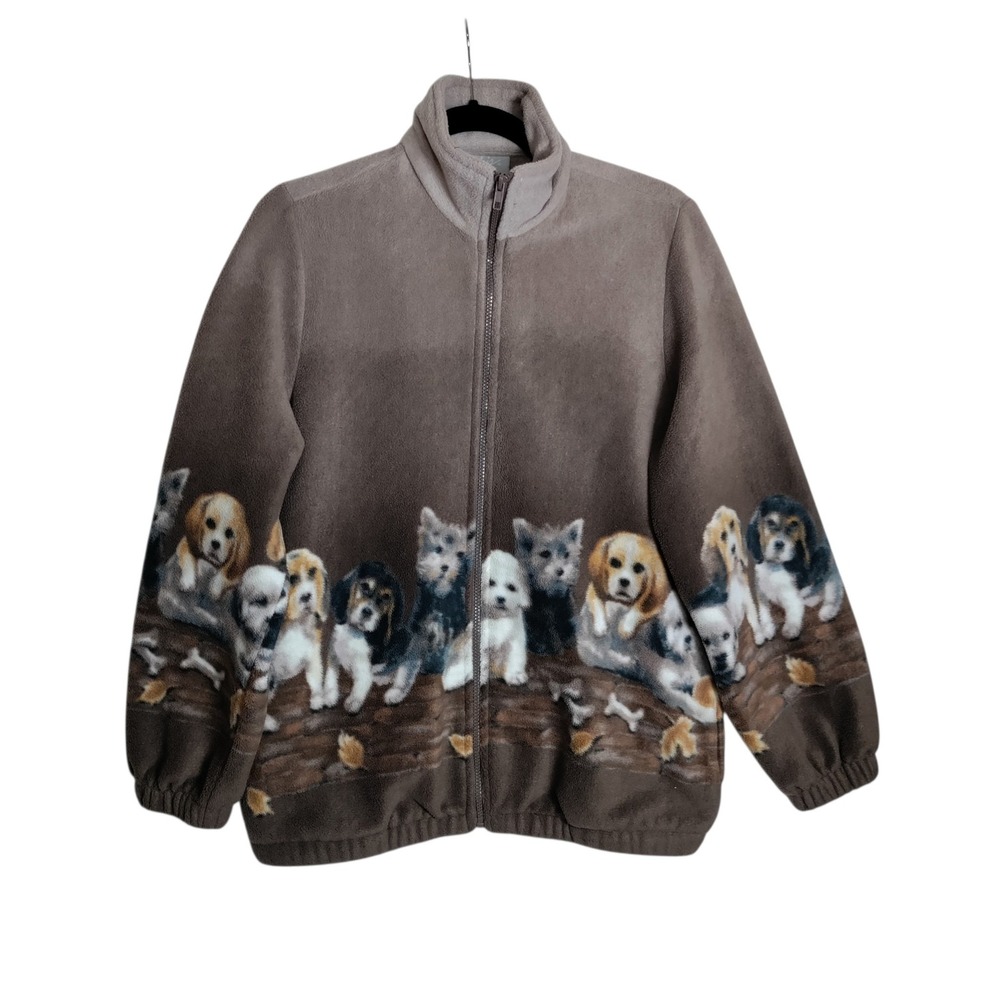 Blair Women Brown Puppy Dog Print Fleece Zip Up Jacket Mock Neck Small